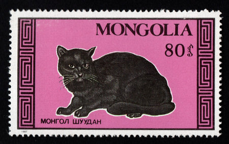Mongolia - CIRCA 1987: Post stamp dedicated to domestic cats. thoroughbred cat is depicted on a postage stamp. retro stamp. Vintage post stamp about cats isolated on black backgroundのeditorial素材