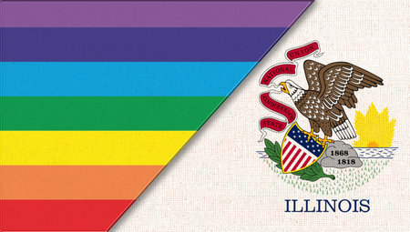 Flags of Illinois and lgbt. sexual concept. Flags of Illinois and lgbt sexual minorities on fabric surface. two flags. Double flag 3d illustration. flag symbol. Same-sex marriageの写真素材