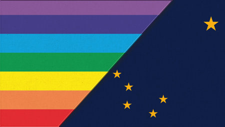 Flags of Alaska and lgbt. sexual concept. Flags of Alaska and and flag of sexual minorities on fabric surface. Two flags on fabric surface. Double flag 3d illustration. Flag symbol Alaskaの写真素材