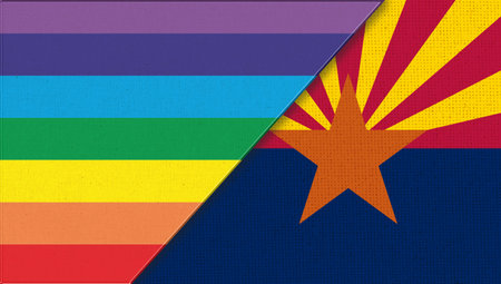 Flags of Arizona and lgbt. sexual concept. Flags of Arizona and and flag of sexual minorities on fabric surface. Two flags on fabric surface. Double flag 3d illustration. Flag symbol Arizonaの写真素材