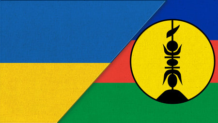 Flag of Ukraine and New Caledonia - 3D illustration. Two Flags Together. National Symbols of Ukraine and New Caledonia.Ukrainian and New Caledonia relations. diplomatic relations between two countriesの写真素材