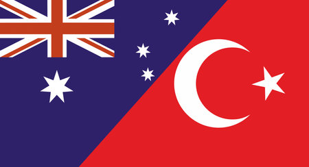 Flag of Australia and Turkey. Two Flags Together. Australian and Turkish national flags. Australian-Turkish relations. Sports competitions. Diplomatic relations between Australia and Republic of Turkeyの写真素材