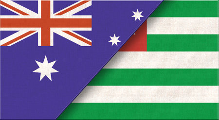 Flag of Australia and Abkhazia on fabric surface. Two Flags Together. Australian and Abkhazian national flags. Australian-Turkmen relations. Diplomatic relations Australia and Republic of Abkhaziaの写真素材