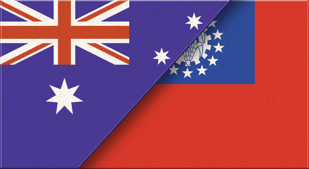 Flag of Australia and Myanmar. Two Flags Together Australian and Burmese national flags. State flags. Australian-Myanmar relations. Sports competitions between countries. Two flagsの写真素材