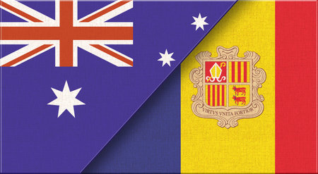 Flag of Australia and Andorra. Two Flags Together Australian and Andorran. Sports competitions between countries. Political relations between Australia and Andorra. 3D illustration. Fabric Textureの写真素材