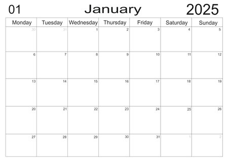 calendar for January 2025 in English. Monthly Organizer. 2025 Monthly Planner. Printable January 2025 Calendar. Minimalistic month calendar. Planner calendar for January 2025.の写真素材