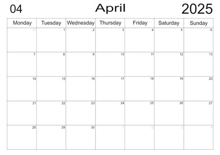 calendar for April 2025 in English. Monthly Organizer. 2025 Monthly Planner. Printable April 2025 Calendar. Minimalistic month calendar. Planner calendar for April 2025.の写真素材