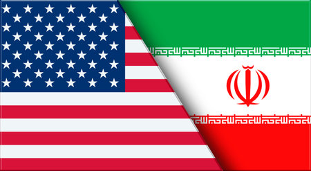 Double Flag of USA and Iran. United States and Iranian National flags. 3D illustration. Illustration of Double Flag. National symbol. Two Flags Togetherの写真素材