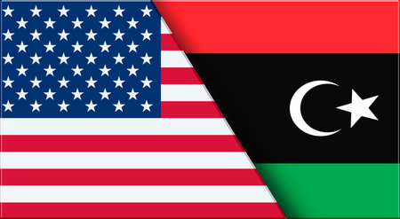 Double Flag of USA and Libya. United States and Libyan National flags. 3D illustration. Illustration of Double Flag. National symbol. Two Flags Togetherの写真素材