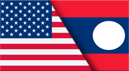 Double Flag of USA and Laos. United States and Laotian National flags. 3D illustration. Illustration of Double Flag. National symbol. Two Flags Togetherの写真素材