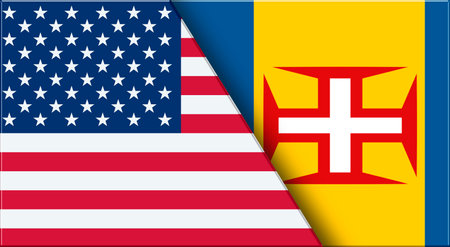 Double Flag of USA and Madeira. United States and Madeira flags. 3D illustration. Illustration of Double Flag. Two Flags Togetherの写真素材
