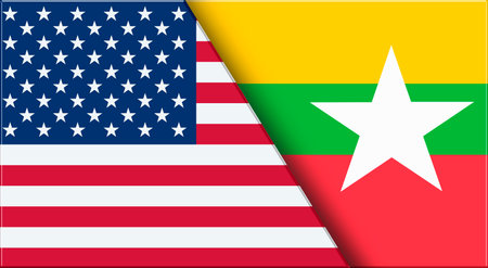 Double Flag of USA and Myanmar. United States and Burmese, Burma National flags. 3D illustration. Illustration of Double Flag. National symbol. Two Flags Togetherの写真素材