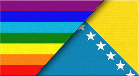 Flags of LGBT and Bosnia and Herzegovina on Fabric Texture. 3D illustration. Double flag on textured background. Two Flags Togetherの写真素材