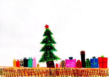 Photo of colorful drawing: Christmas tree and gifts. Children drawing of alone Christmas tree and lots of gifts. Photo of colorful drawing: Christmas tree and gifts. New Year holidayの写真素材