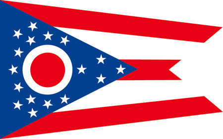 Official Flag of American state Ohio on fabric surface. Ohio state flag on textured background. Colored Ohio flag on fabric surface. Official American state symbolの写真素材