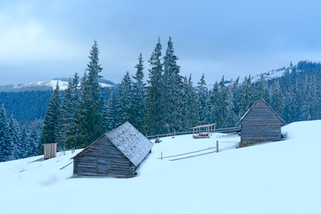 Snowy winter in mountain forest. Wooden houses in snowy mountain forest. Landscape with winter wood....