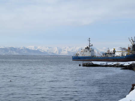Kamchatka Russia. Cargo ship at the pier in the Pacific
