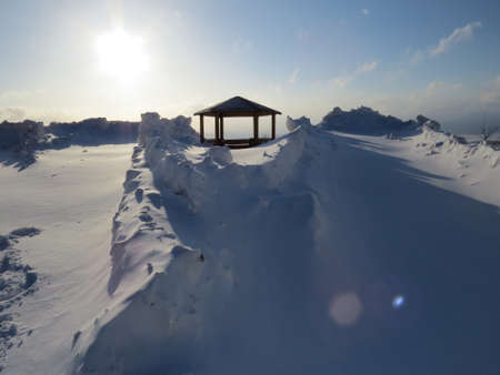 Wooden gazebo on the mountain on a winter dayの写真素材