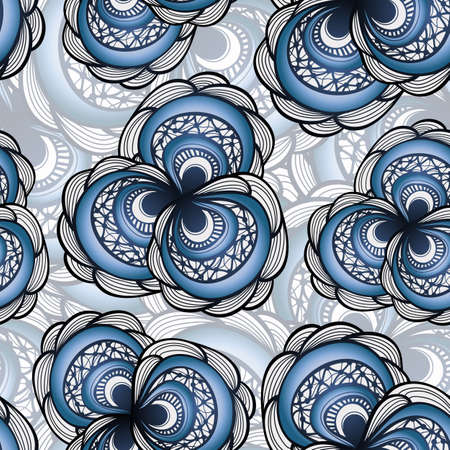 vector seamless pattern with abstract flowers in blueのイラスト素材