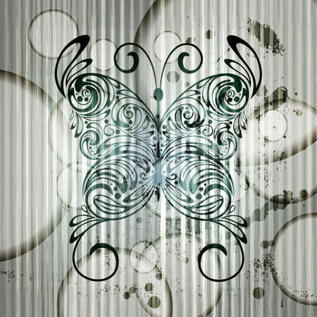 vintage butterfly on grungy background with stripes and circlesのイラスト素材