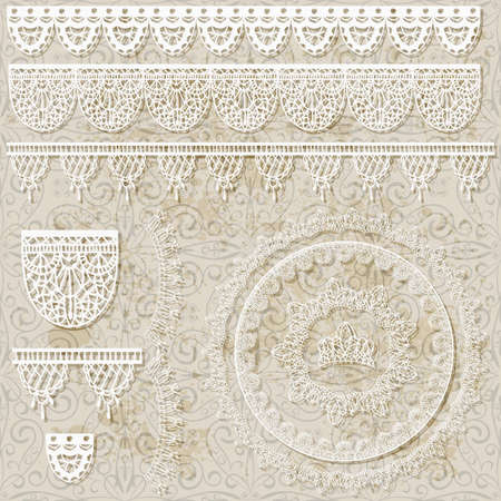 vector lacy scrapbook design patterns on seamless grungy background, brushes includedのイラスト素材
