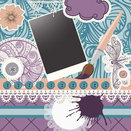 vector scrapbook design pattern on seamless  background. includes elements that can be used separately:photo frame, brush, snail, dragonfly, buttons, cloud, napkin, and flowerのイラスト素材