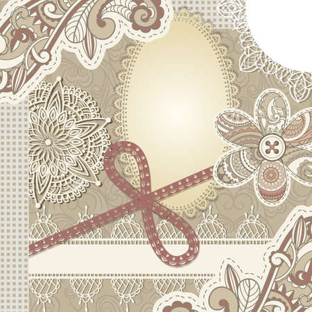vector vintage scrap template design, clipping mask, elements can be used separately, includes photo frame, baw, flower, laces, buttons, and paisley elementsのイラスト素材