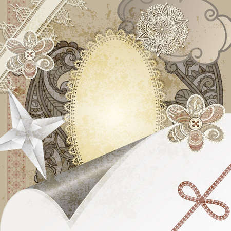 vector vintage scrap template design, clipping mask, elements can be used separately, includes photo frame, baw, flower, laces, buttons, origami star,  laces, cloud, and paisley elementsのイラスト素材