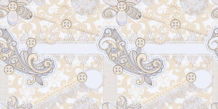 vector seamless vintage scrap template design, clipping mask, elements can be used separately, includes photo frame, baw, flower, laces, buttons, origami star,  laces, cloud, and paisley elementsのイラスト素材