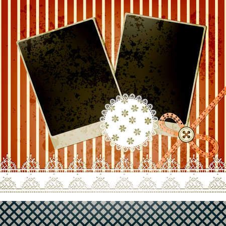 vector scrapbook template design with two frames, bow, button and laces, elements  can be used separatelyのイラスト素材