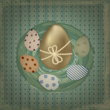 vector  easter greeting card with golden and retro colorful eggs in the nestのイラスト素材