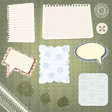 vector set of scrapbook design elements  vintage papers, splashes lacy border, speech bubbles, button , and flowerのイラスト素材