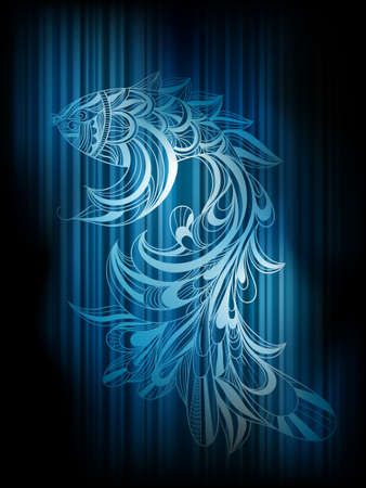 vector concept monochrome fish on dark blue striped backgroundのイラスト素材