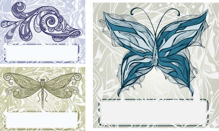 vector set with  hand drawn butterfly, dragonfly, and fish vintage style, frames for your textのイラスト素材