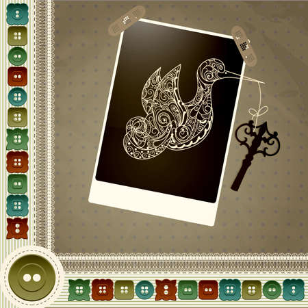 allegorical vector composition with bird and key with a frame with stripes, buttons and lacesのイラスト素材