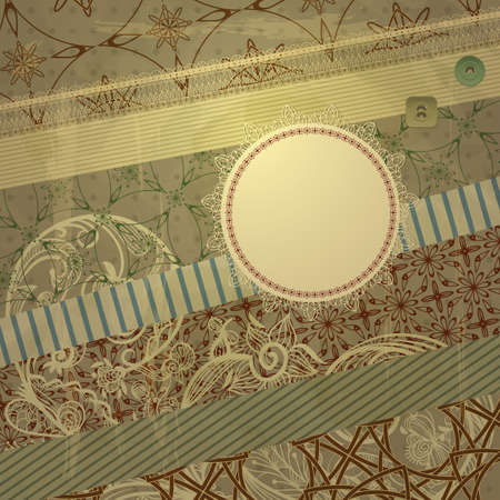 vector spring retro scrapbook design pattern on abstract background with grungy blots, old paper texture, lacy frame for your textのイラスト素材