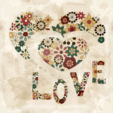vector spring  flowers organized in heart shape and word "love", old paper textureのイラスト素材