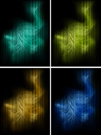 four vector peacocks with detailed tail on striped backgrounds, gradient mesh and eps 10 transparency effectsのイラスト素材