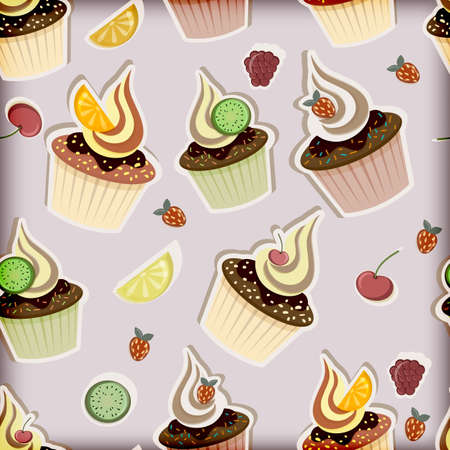 vector seamless pattern with cupcakes,  fruits and berriesのイラスト素材