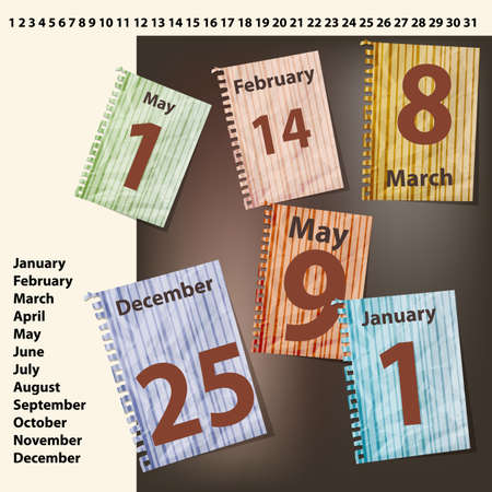 vector sheets of calendar with international holidays dates,  can be used separately as scrapbook design elements, gradient meshのイラスト素材