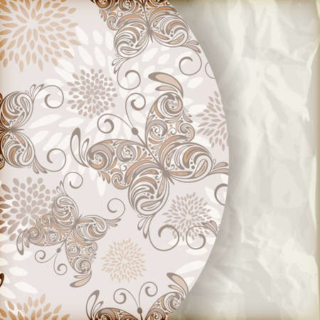 vector retro summer  background with vintage butterflies and floral pattern, place for your text, crumpled paper texture, gradient meshのイラスト素材