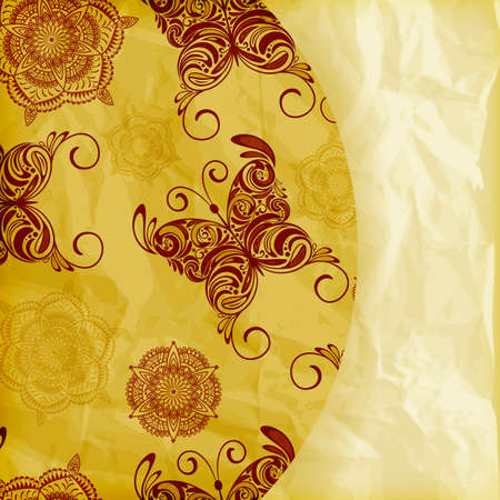 vector retro summer  background with vintage butterflies and floral pattern, place for your text, crumpled paper texture, gradient meshのイラスト素材