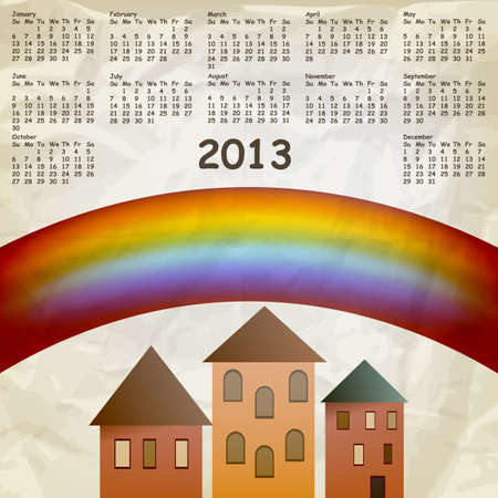 calendar on abstract background with rainbow and old houses, crumpled paper textureのイラスト素材