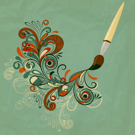 vector concept cartoon brush painting branch on crumpled paper texture,  eps 10, meshのイラスト素材