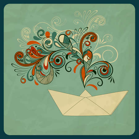 eco concept with a ship and floral pattern instead of smoke, crumpled paper textureのイラスト素材