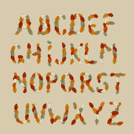 autumn latin alphabet, each unique letter consists of autumn bright leaves, fully editable  fileのイラスト素材