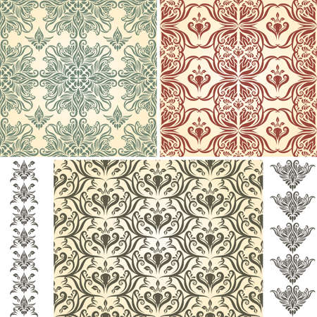 set of vector seamless floral patterns and brushes, retro seamless  brushes included, patterns in swatch menuのイラスト素材