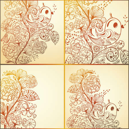  spring cards with floral pattern and birds, fully editable  のイラスト素材
