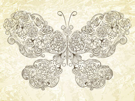  butterfly made of flowers on grungy crumpled paper, fully editable のイラスト素材