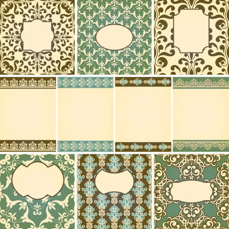 Vector 10 cards in retro style with floral seamless  floral  paterns, fully editable eps10 file, seamless patterns in swatch menu, seamless brushes includedのイラスト素材